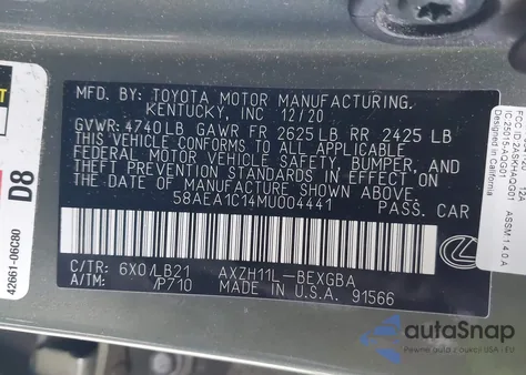 2021 Lexus Es 300H Luxury z USA, uszkodzony, nr VIN 58AEA1C14MU004441